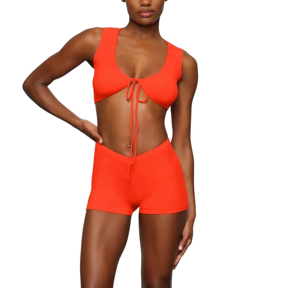 SKIMS Soft Lounge Tie Front Super Crop Top Womens Medium Fire Red Ribbed Stretch
